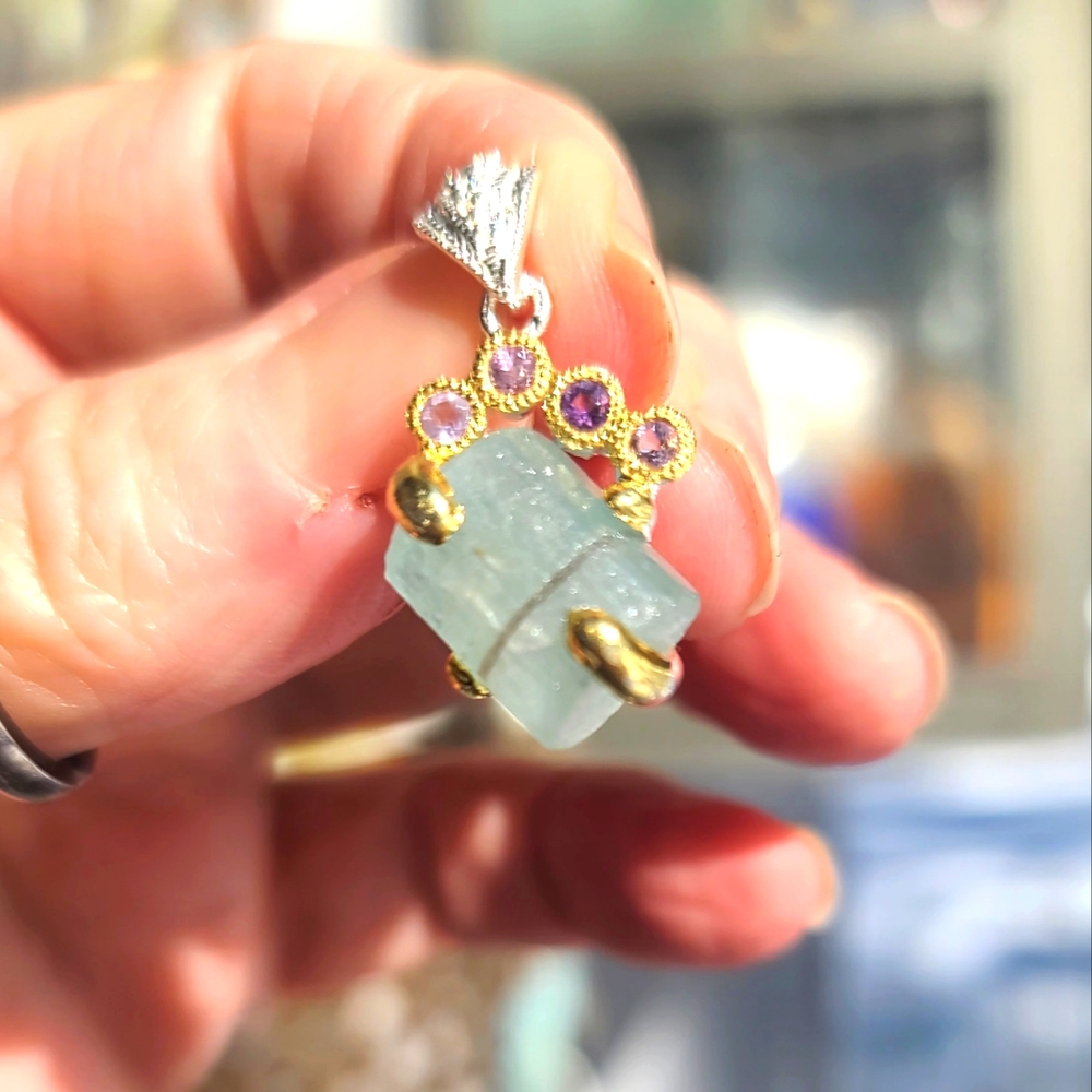 HUGE natural 15.1k Aquamarine pillar Amethyst & sterling pendant